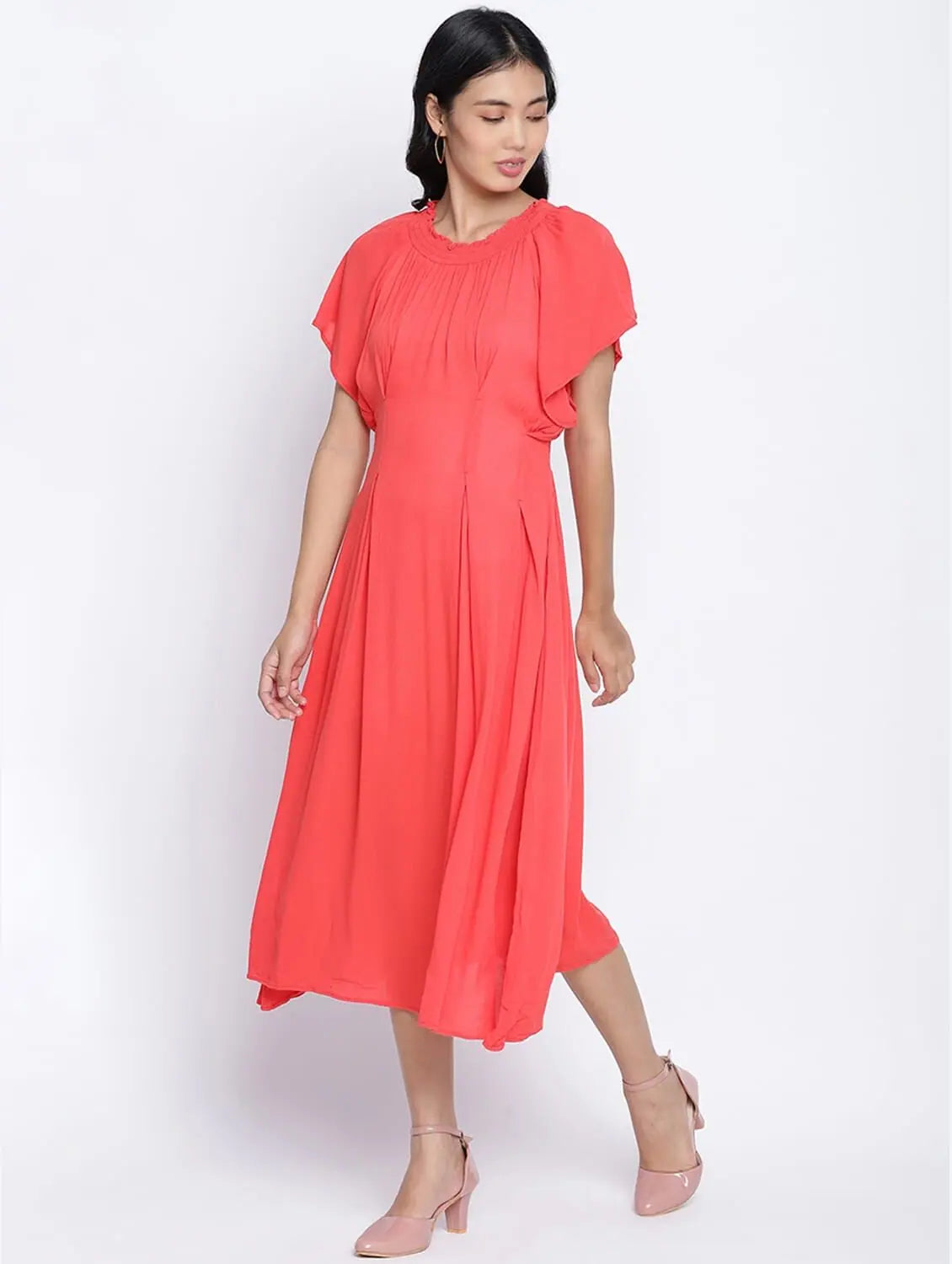 Women's Active Garments For Workouts Flamboyant Red Solid Women Neck Details Dress