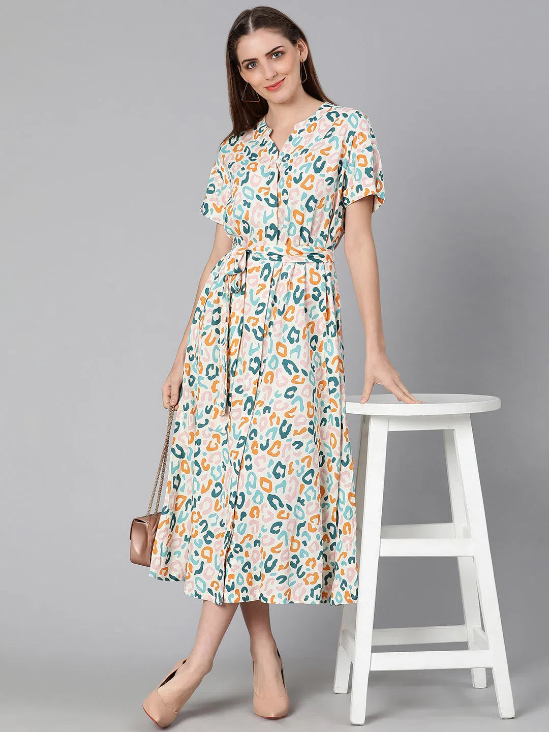 Vintage-Inspired Women's Clothes Moved by colors printed tie-knot women dress