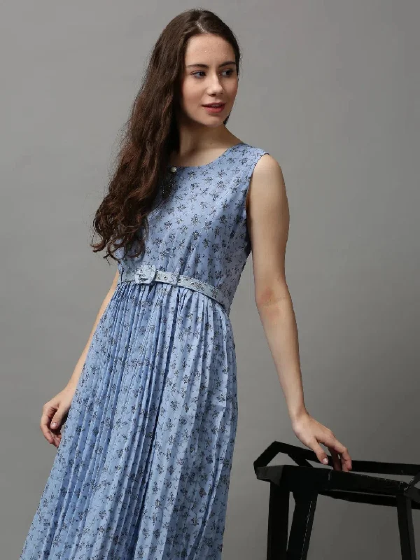 Women's Everyday Clothes Women's Blue Printed A-Line Dress-KG-589-5-Blue