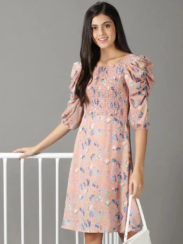 Classic Clothes For Women Women's Pink Printed Fit and Flare Dress-AE-15883-Pink
