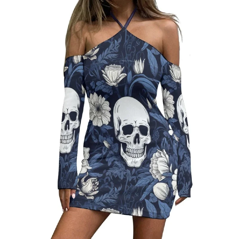 Women's Clothing For Holiday Travel Women's Skulls Flowers Blue Halter Lace-up Off Shoulder Dress