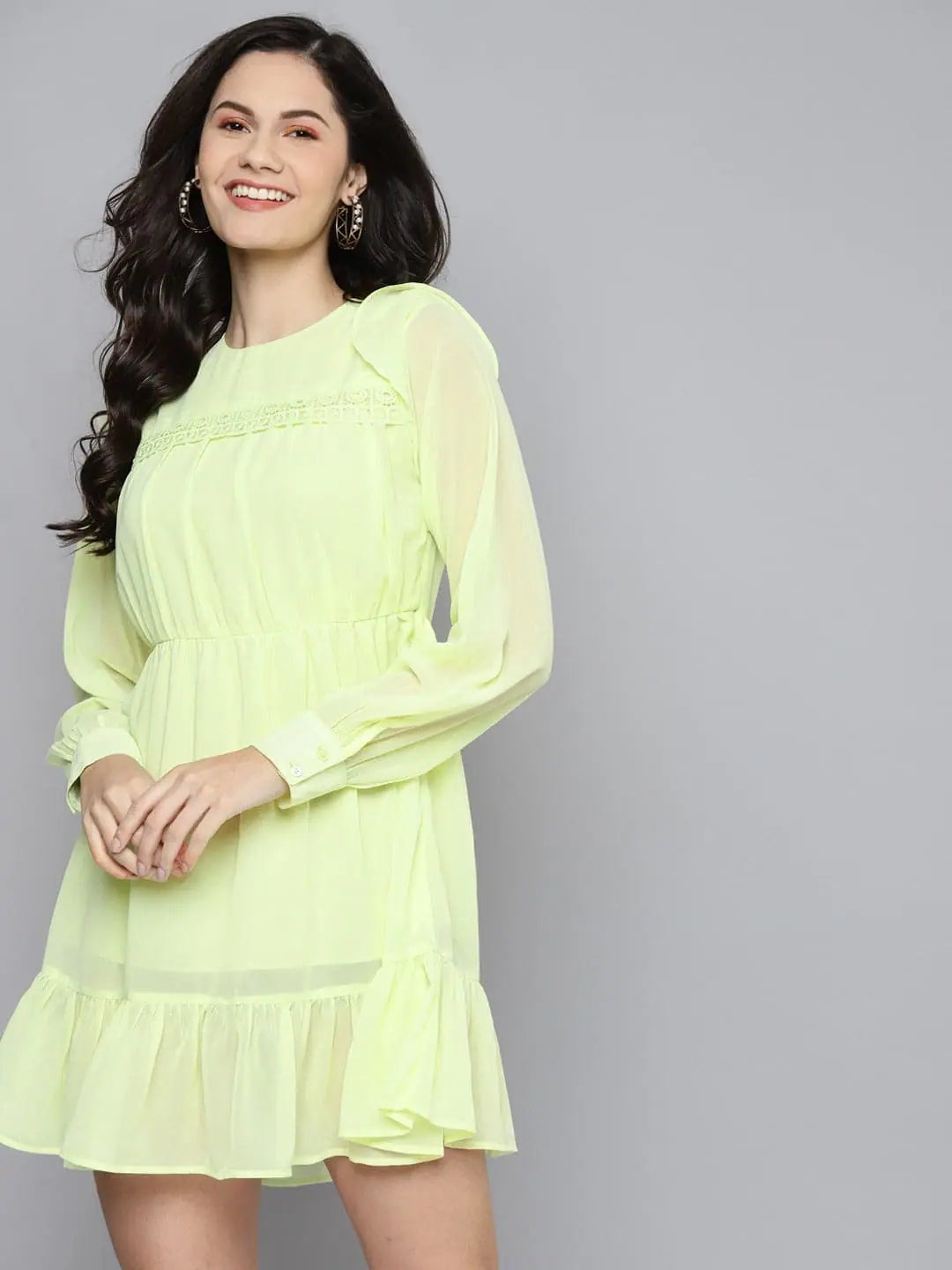 Women's Transitional Outfit Women Lime Green Frill Hem Short Dress