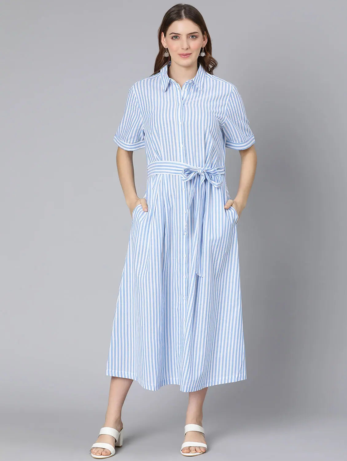 Rocker Chic Fashion Sky Blue Stripes Print Button-Down Women Dress