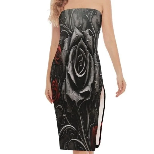 Fashion Essentials Women's Black & Red Roses Side Split Tube Top Dress