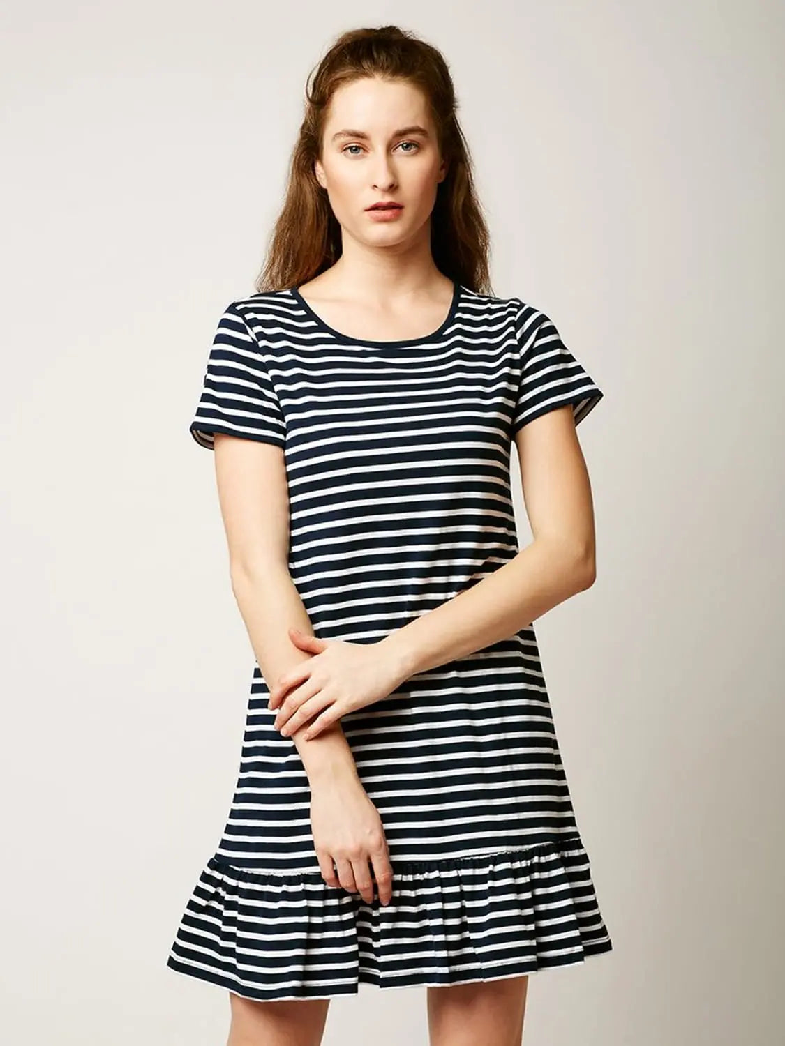 Women's Elegant Evening Outfit Sing And Dance Striped A-Line Dress Navy Blue And White