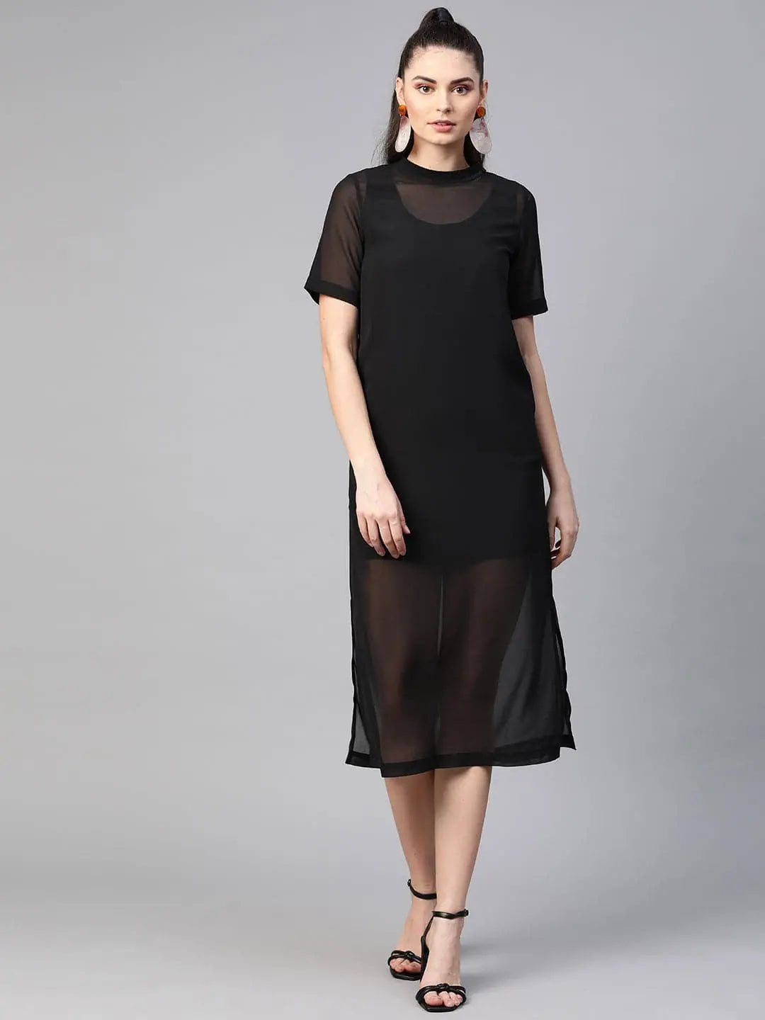 Casual Garments For Women Black Sheer Sheath Dress with Inner