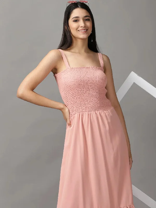 Casual Chic Women's Peach Solid Fit and Flare Dress-AE-15672-Peach