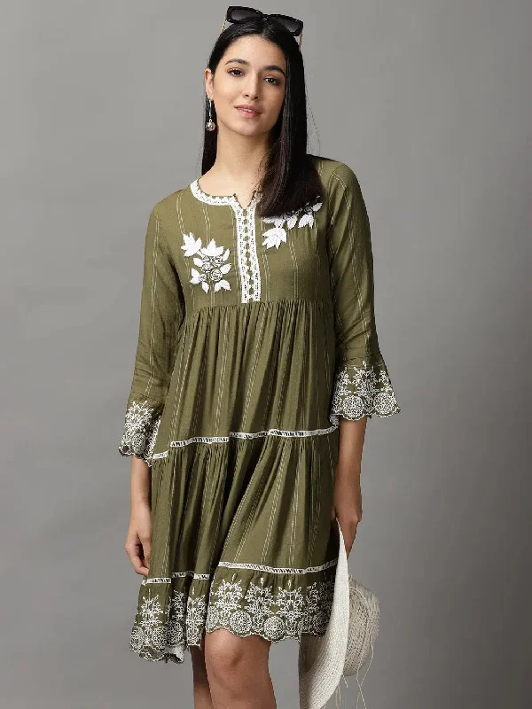 Women's Clothing Outfit Set Women's Green Solid Fit and Flare Dress-GW-3214-Olive