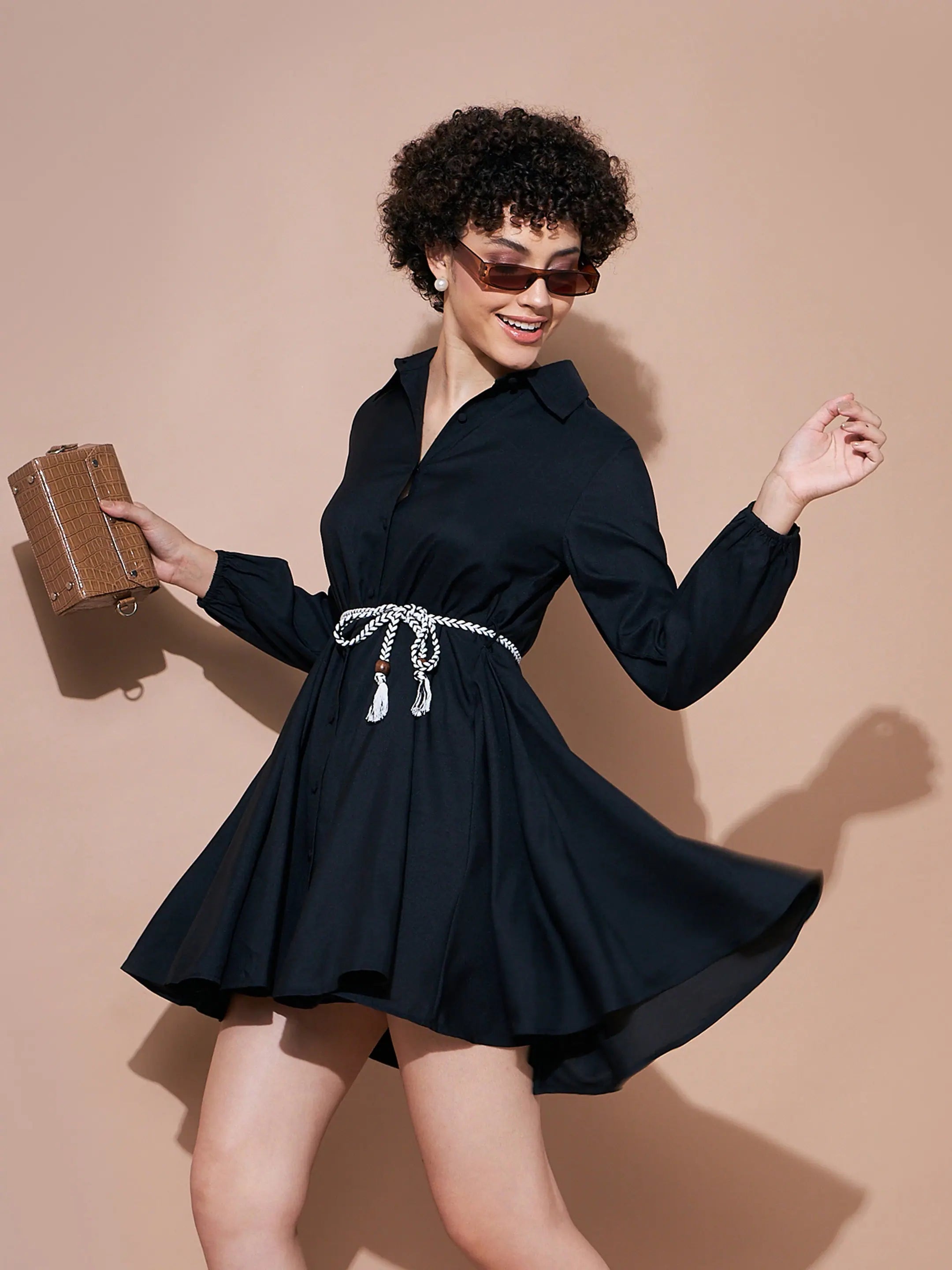 Women Wear Brands Women Black Belted Flared Skater Dress