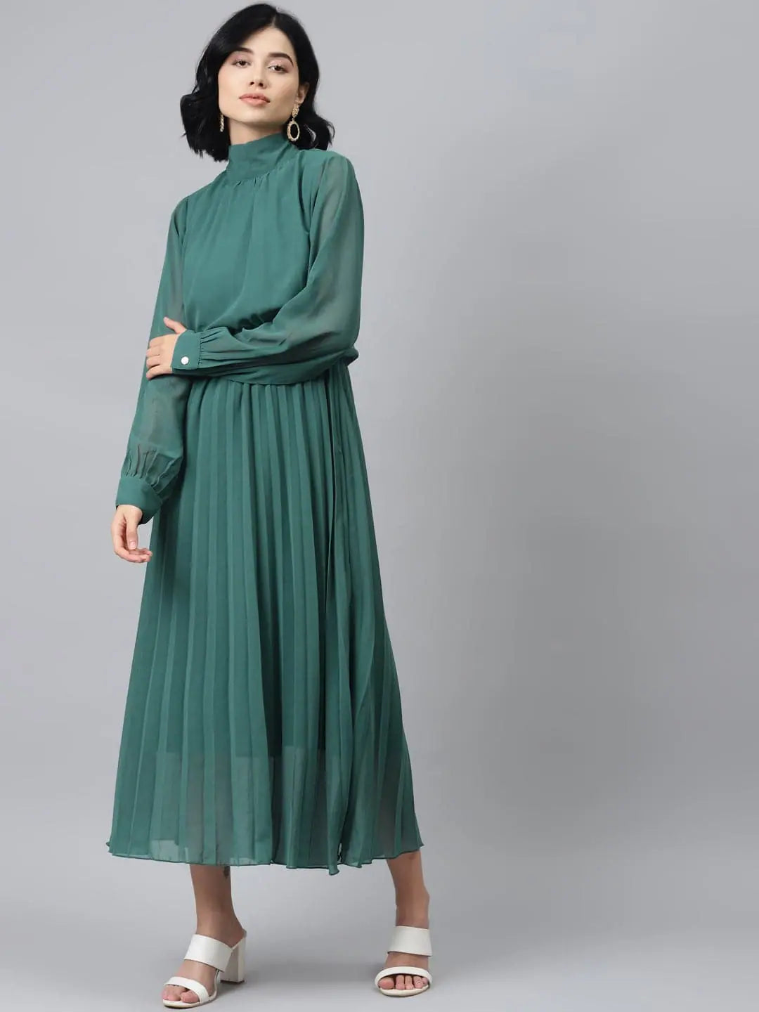 Women's Formal Clothes Emerald Green Neck Tie-Up Pleated Dress