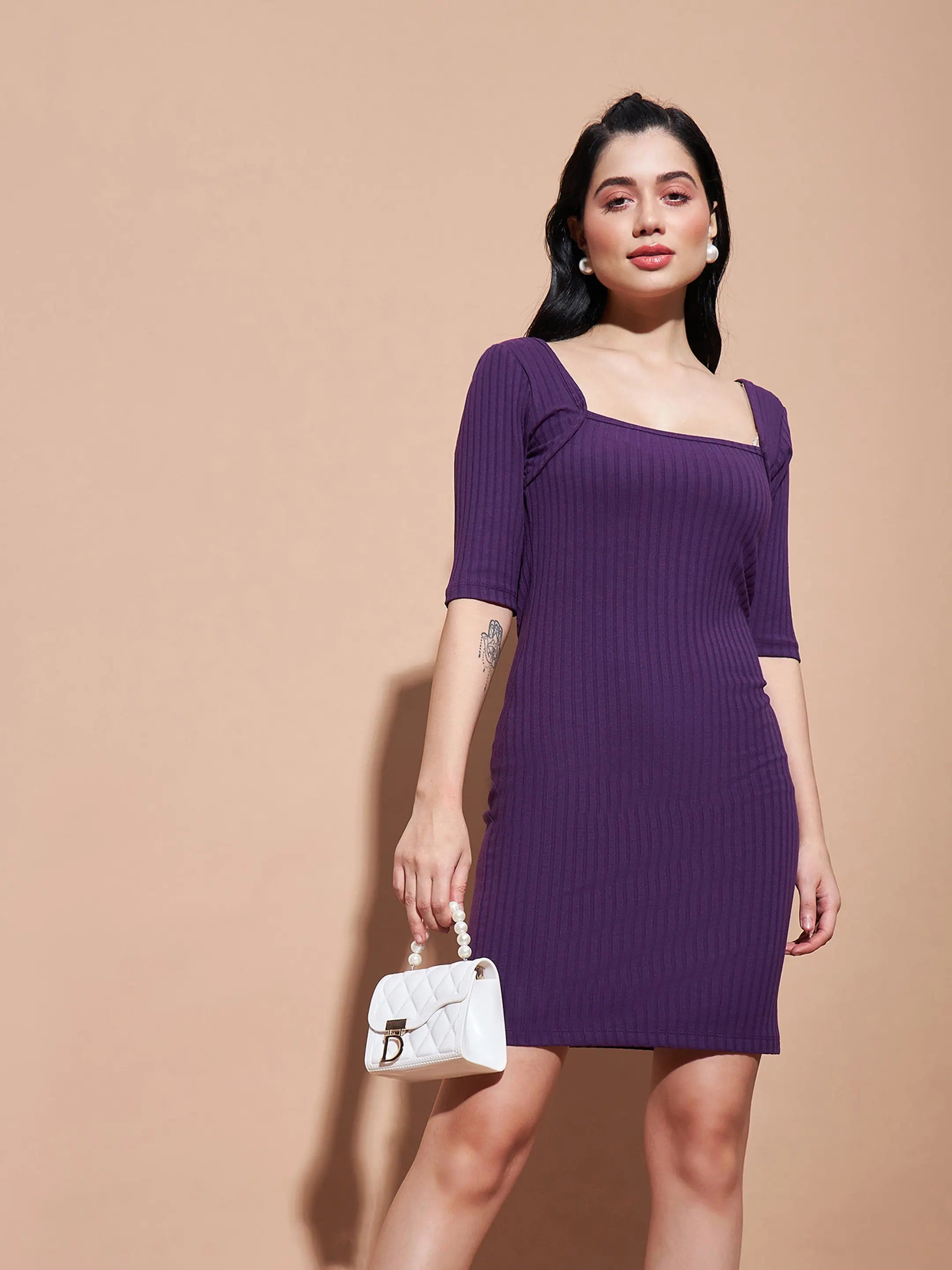 Fashion-forward Women's Wear Women Purple Rib Square Neck Short Dress