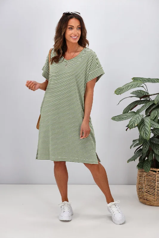 Contemporary Women's Clothing Betty Basics Elise V-Neck Rib Dress Avocado Stripe
