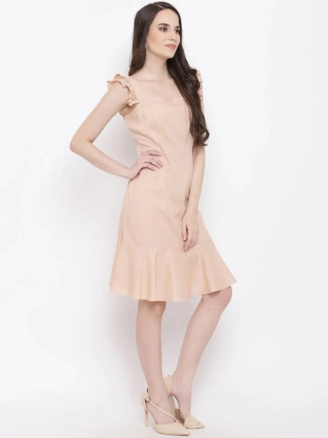 Trendy Street Style Shoulder strap frill dress in Skin