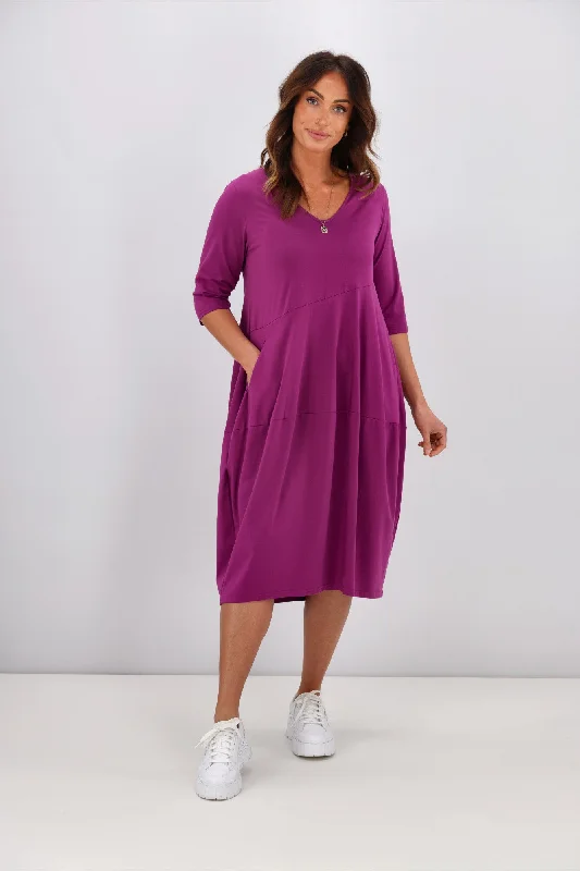 Online Shopping Boutiques Tirelli V Neck Diagonal Seam Dress Fuchsia