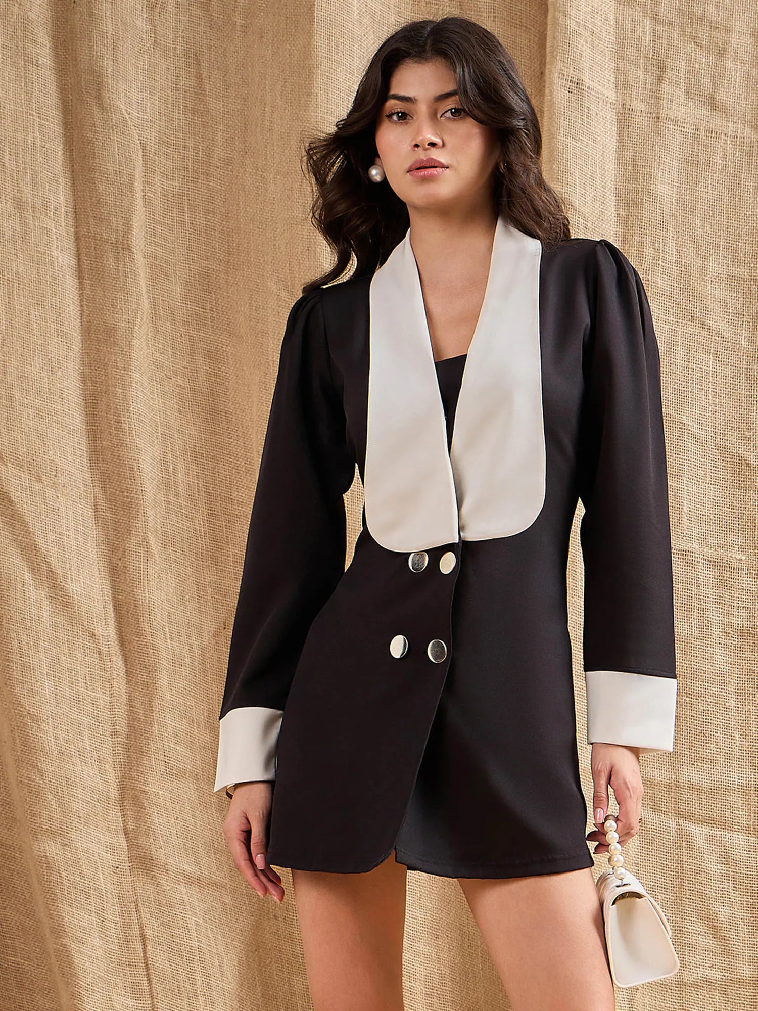 Discount Price Women Black Contrast Collar Blazer Dress-SFDRSS12382