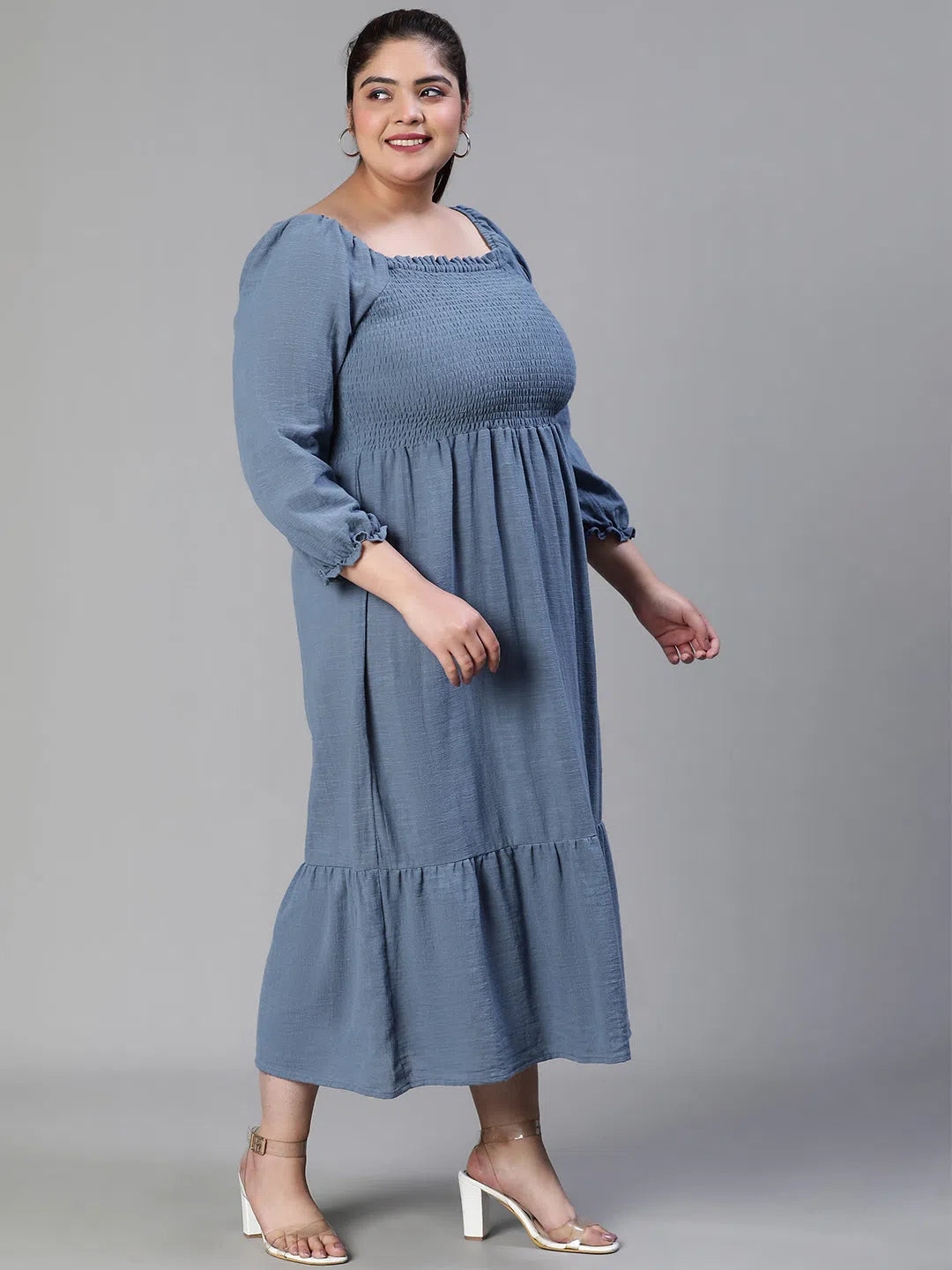 Women's Comfortable Garments Women Plus Size Smocked Square Neck Cotton Grey Dress-S23412PDR001