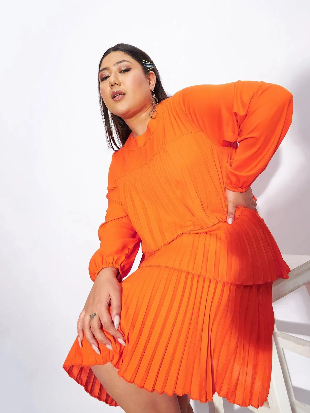 Women's Elegant Evening Outfit Women Orange Pleated Skater Tiered Dress