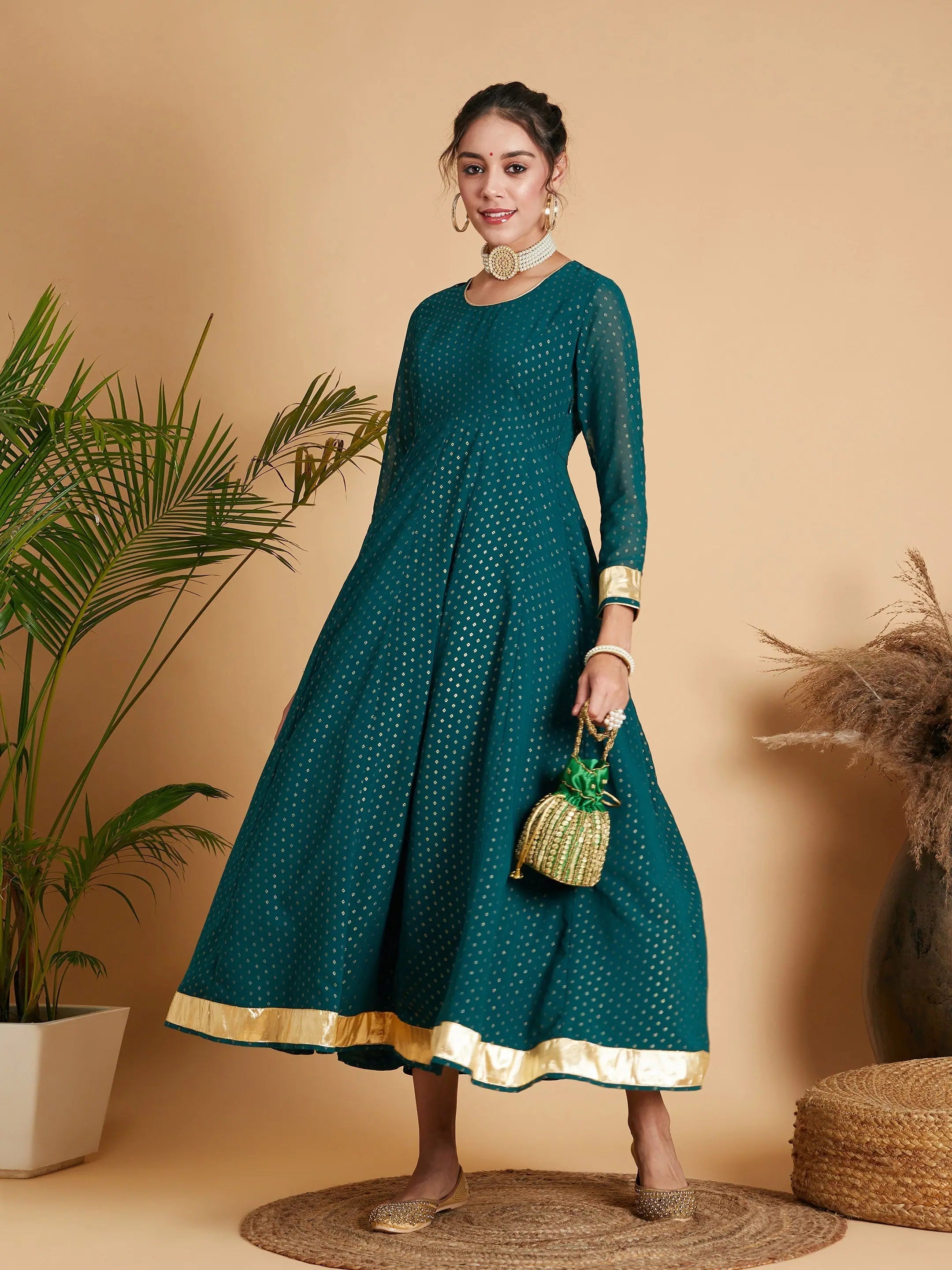 Affordable Online Boutique Women Emerald Dot Foil Print Anarkali Dress