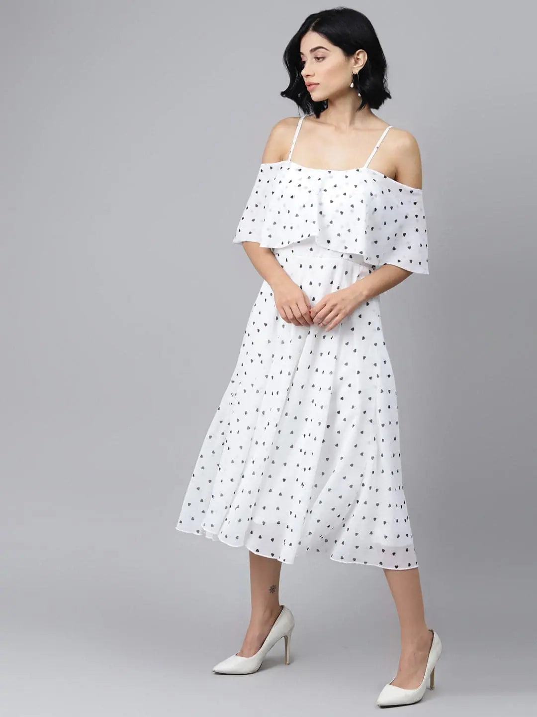 Women's Clothing White Strappy Black Hearts Cold Shoulder Dress