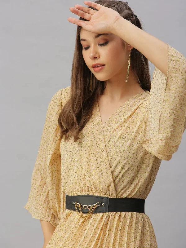 Women's Clothes For Special Occasions Women's Beige Printed Fit and Flare Dress-KG-2743-Cream