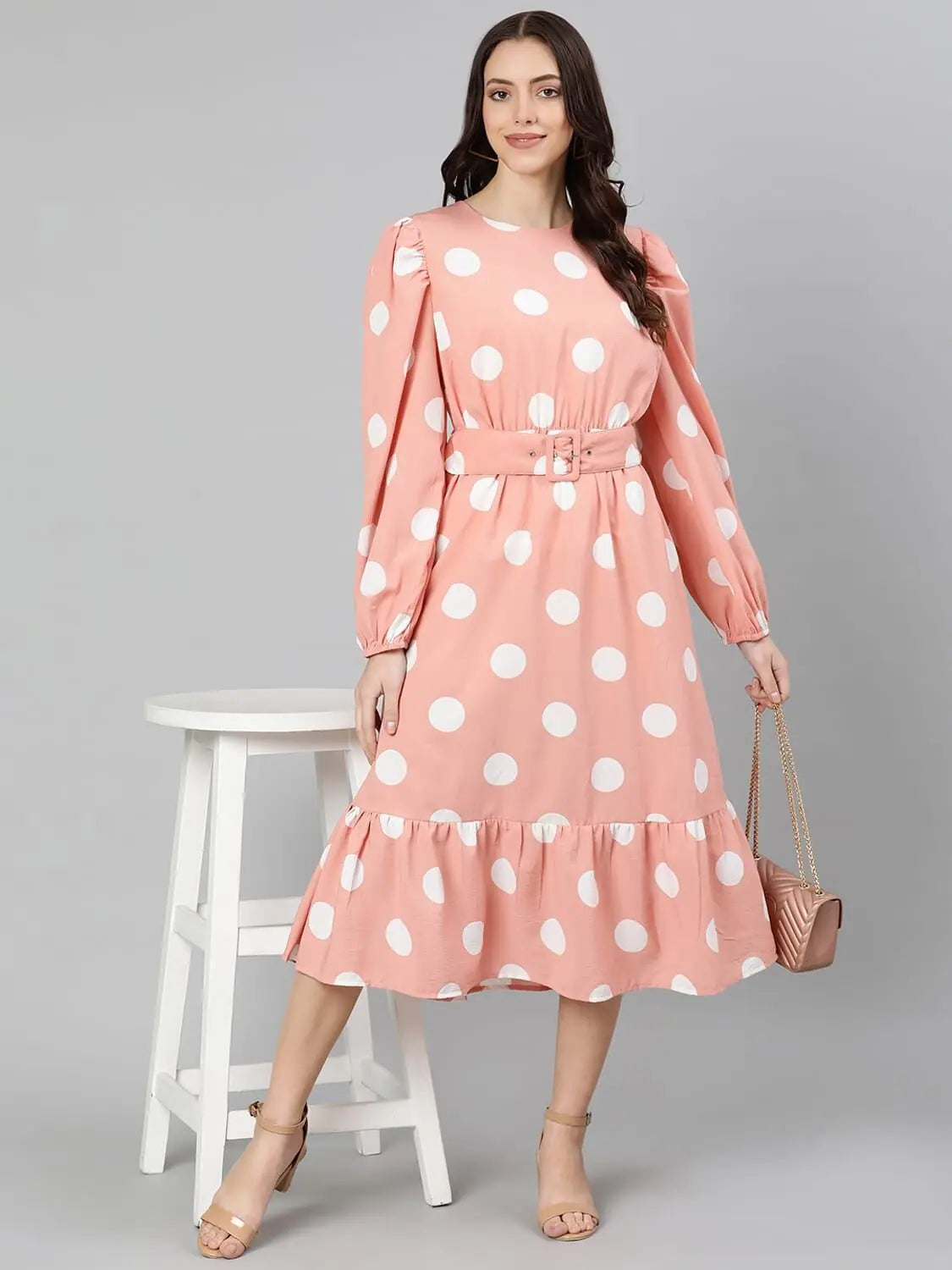 Feminine Dresses for Women in Bold Prints Oxolloxo Eronic Cute Peachy Polka Print Belted Women Dress
