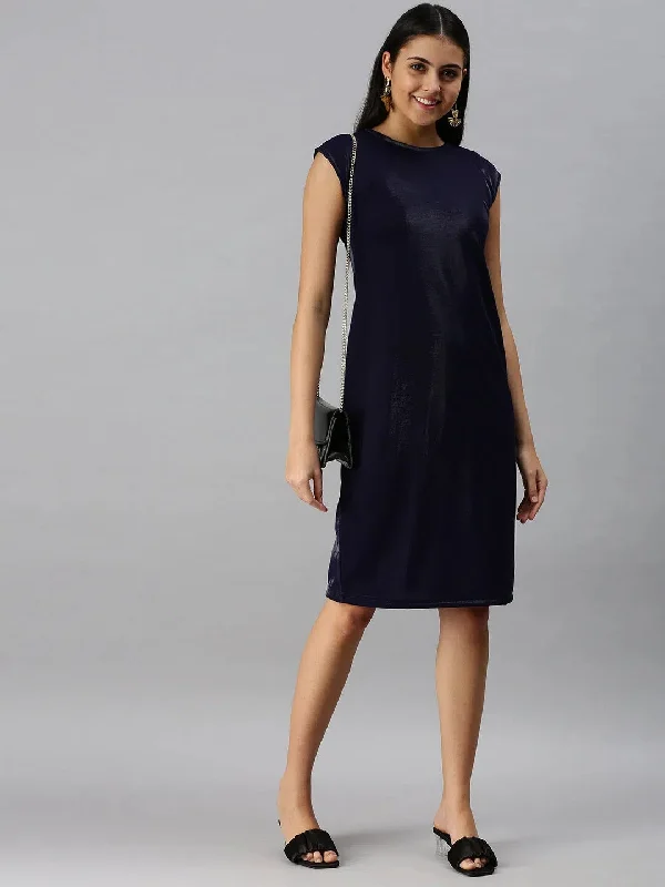 Women's Clothing For Casual Outings Women Navy Blue Solid A-Line Dress-AE-9883-Navyblue