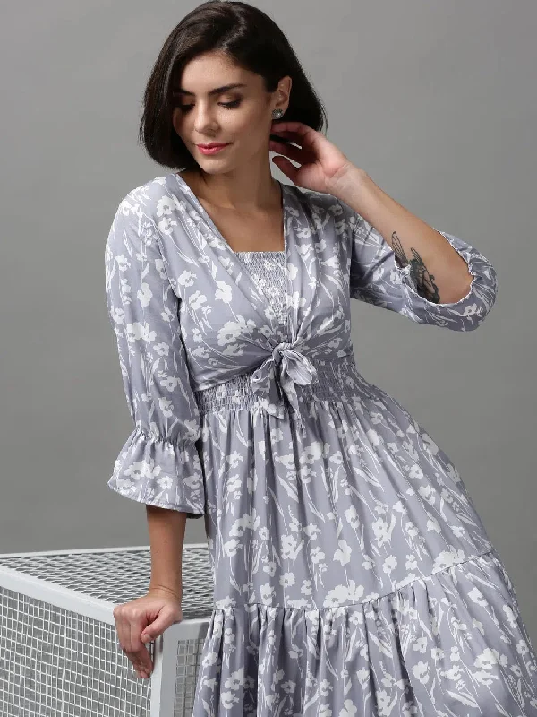 Women's Fashionable Clothing Sets Women's Grey Printed Fit and Flare Dress-AE-15616-Grey