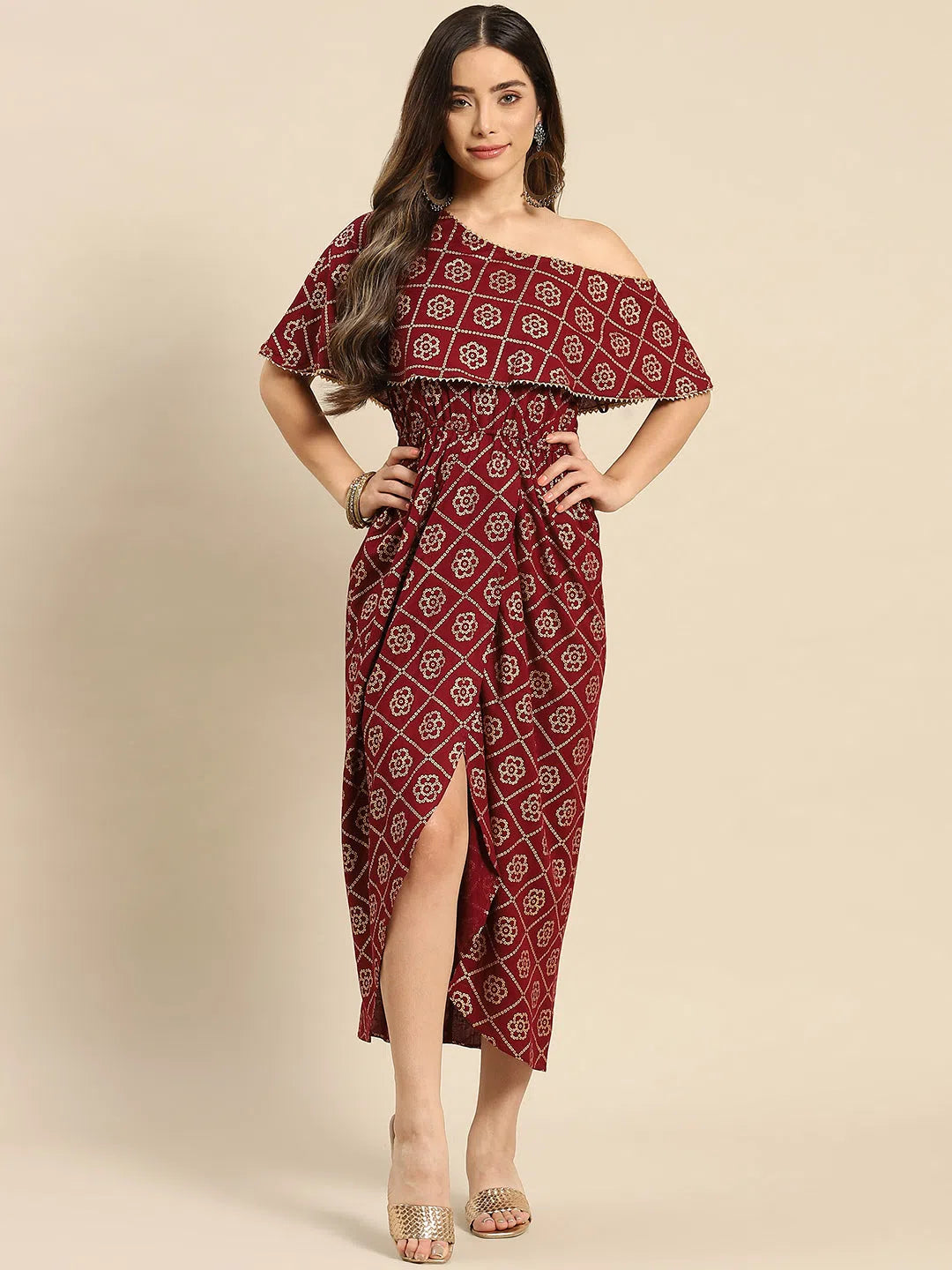 Graceful Fashion One Shoulder Yoke Overlap Printed Dress-Tp0434Rp39-S