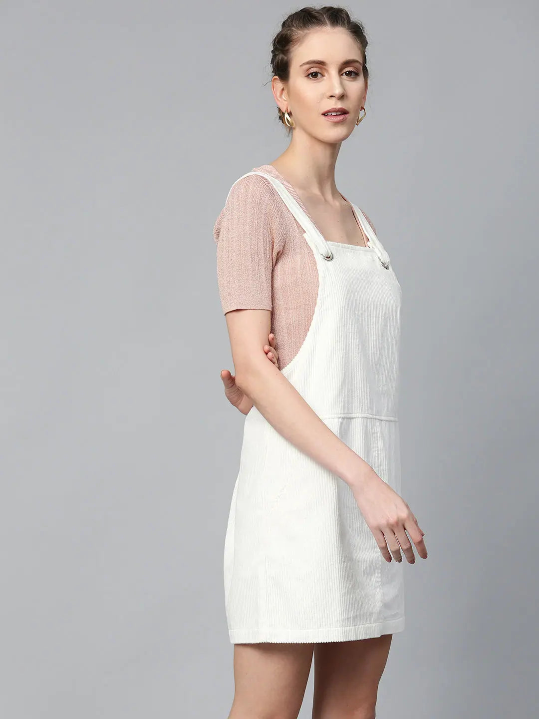 Women's Fashionable Clothing Sets White Corduroy Pinafore Dress