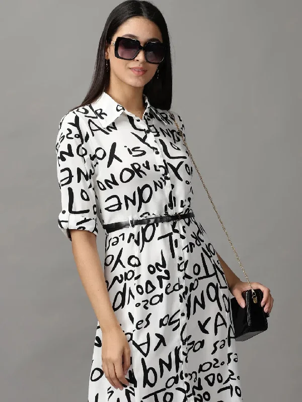Sales Clothes Women's White Typographic Fit and Flare Dress-AE-444136-White