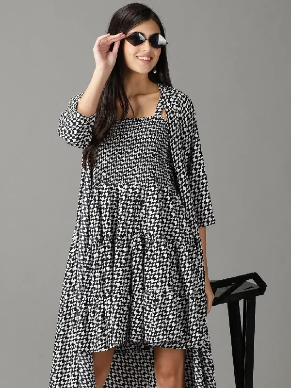 Women's Everyday Garments Women's Black Printed Fit and Flare Dress-AE-15893-Black