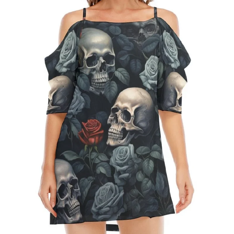 Vibrant Femme Fashion Women's Skulls Blue Flower Red Rose Off-shoulder Cami Dress