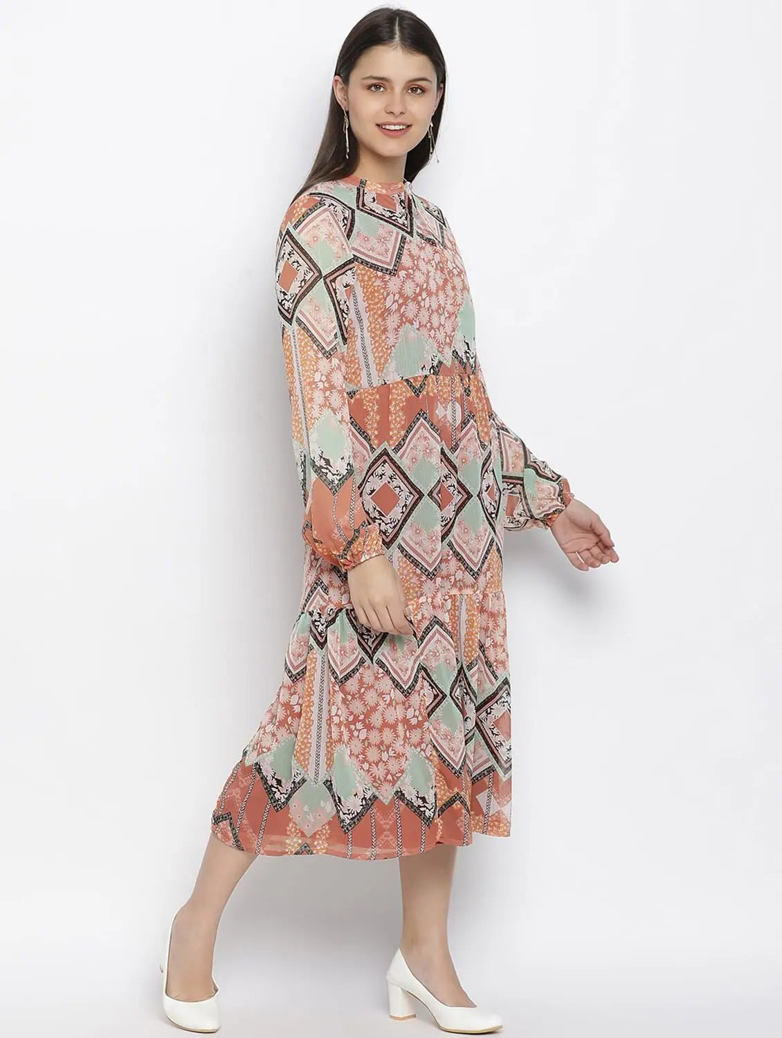 Evening Looks Feminine A- Symertrical Print Button Dowmn Women Dress