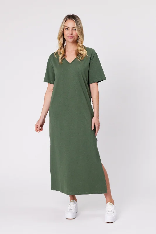 Women's Tailored Outfit Shine On Essentials Maxi Tee Dress Khaki
