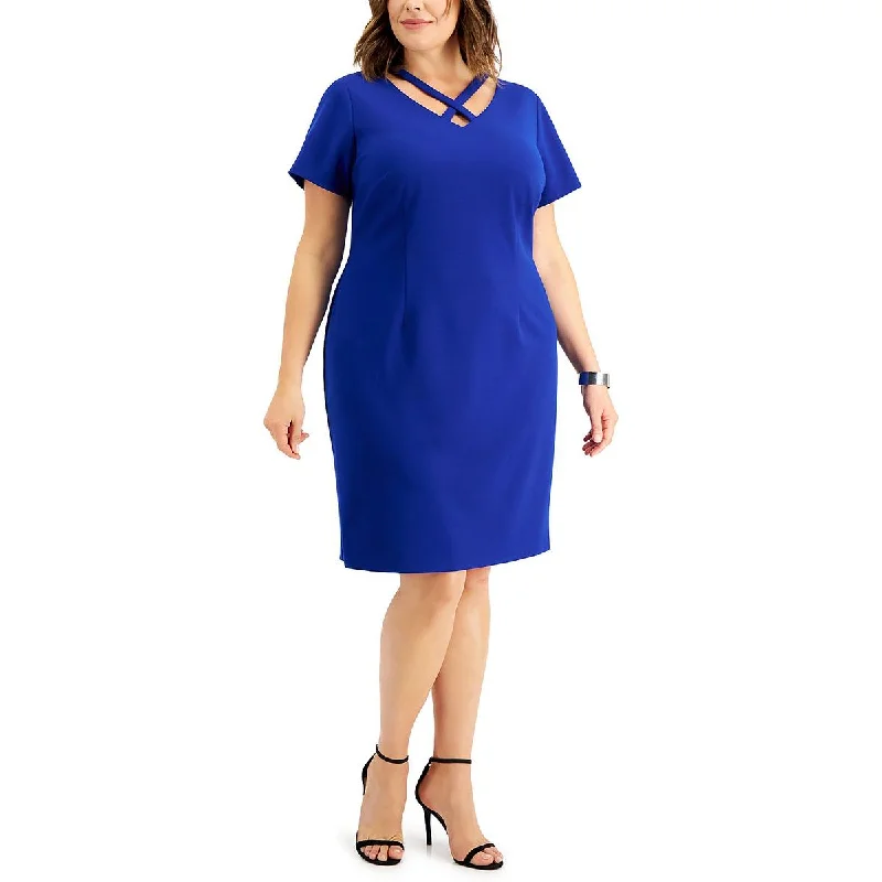 Online Boutiques Connected Apparel Womens Petites Cross-Front Knee Sheath Dress