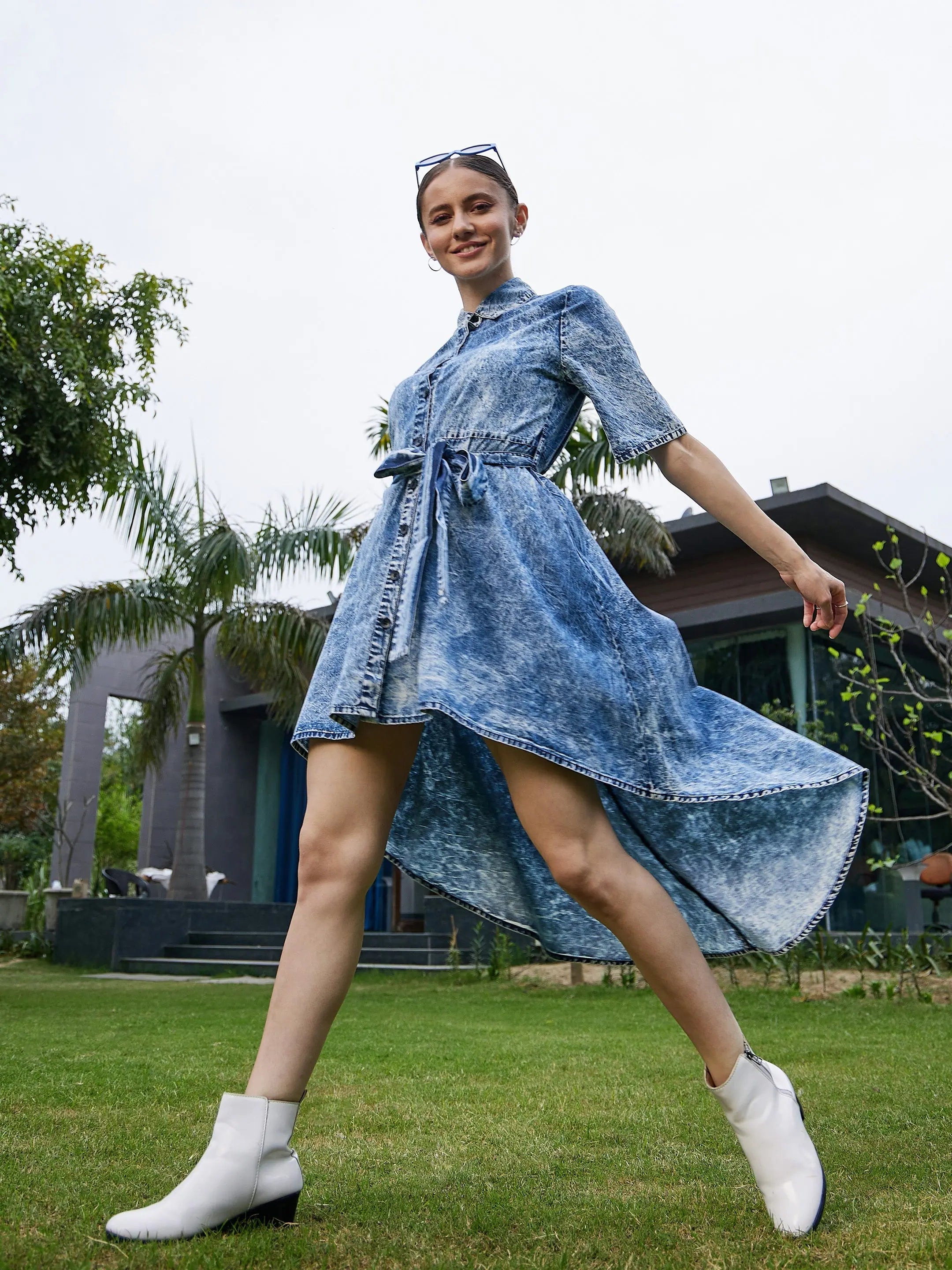 Sale On Clothing Women Blue Washed High Low Dress