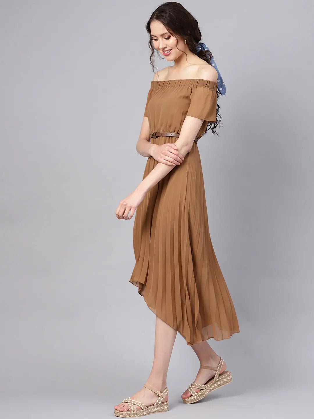 Women's Sporty Chic Clothes Brown Off Shoulder High Low Belted Pleated Dress