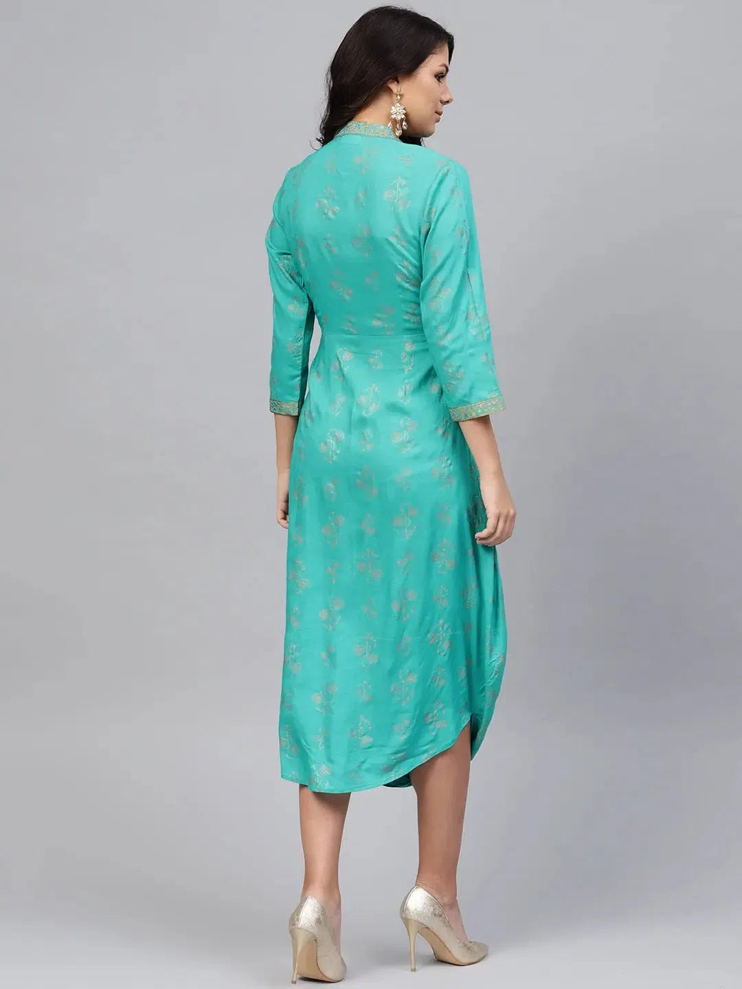 Casual Chic for Women Front Cowl chinese collar printed dress in Mint Blue