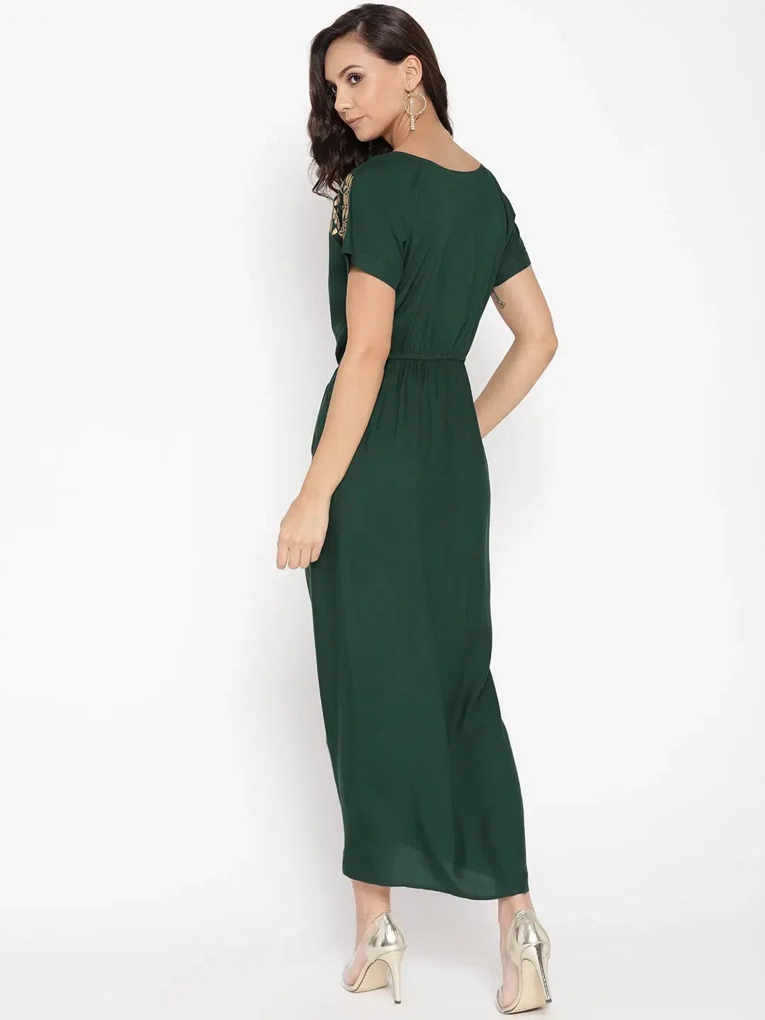 Online Boutique Stores Gold Block Print Front Pleated side cowl dress in Bottle Green