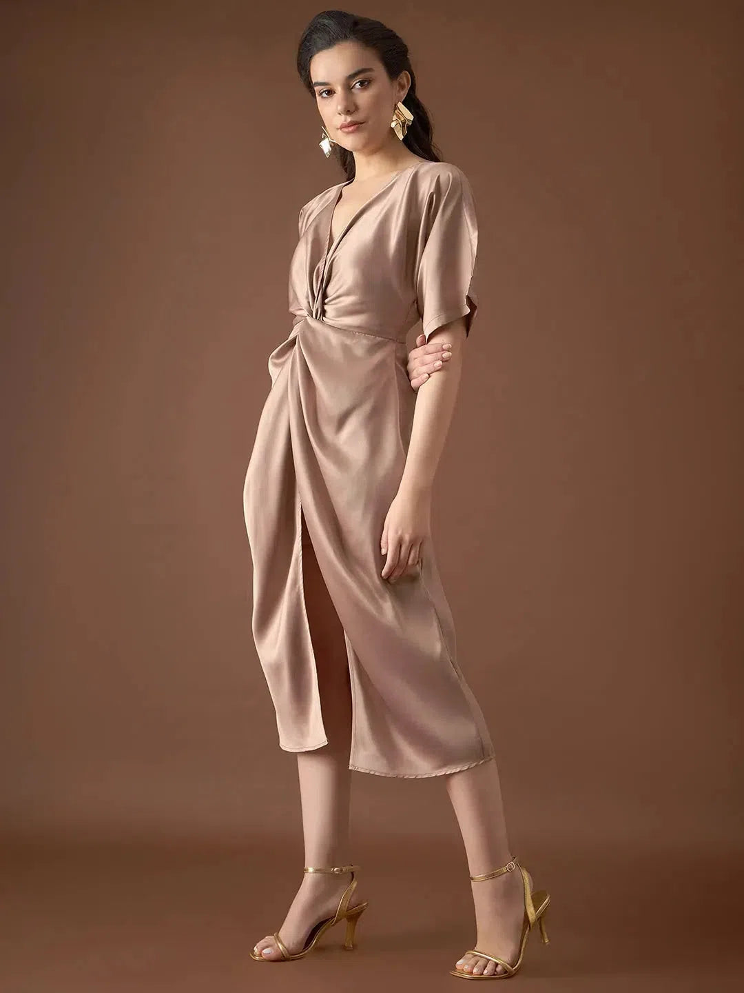Women's Vintage Clothes Front Twist Kaftan Dress in Skin Color
