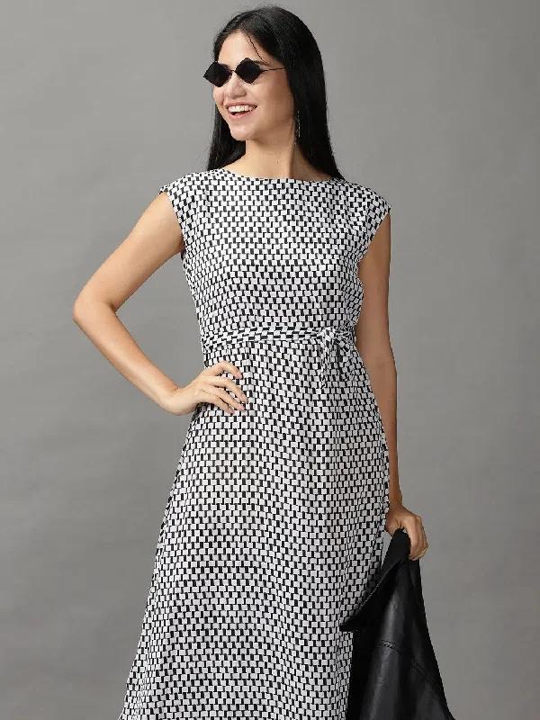 Women's Clothes Women's White Geometrical Fit and Flare Dress-AE-15688-White