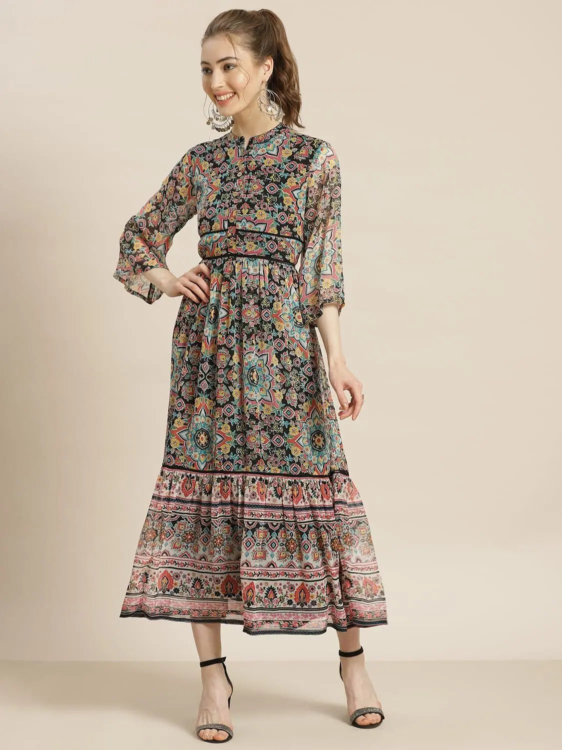 Comfortable Women's Outfits Juniper Black Chiffon Printed Tiered Dress