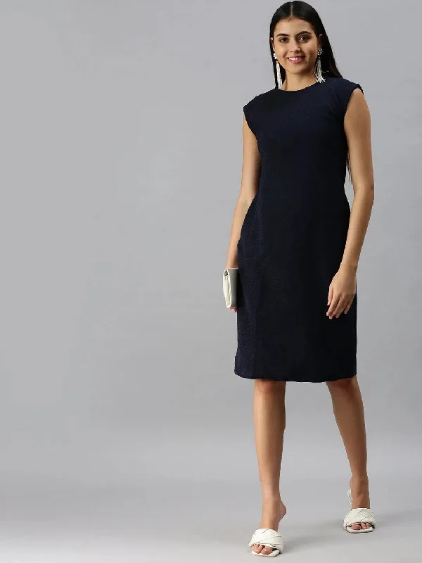 Flash Sale Event Women Navy Blue Solid A-Line Dress-AE-9882-Navyblue