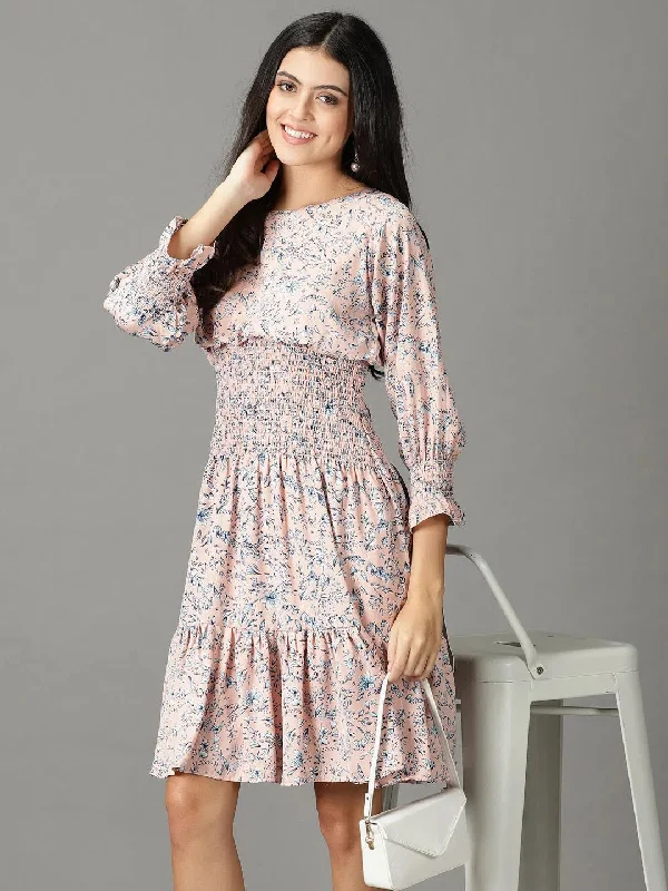 Women's Casual Dresses Women's Peach Printed Fit and Flare Dress-AE-15878-Peach
