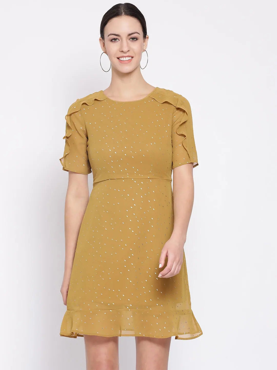 Women's Office Clothing Mustard Frill Skater Foil Print Women’s Dress