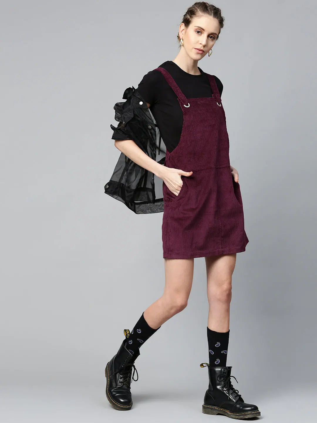 Elegant Clothing For Women Burgundy Corduroy Pinafore Dress