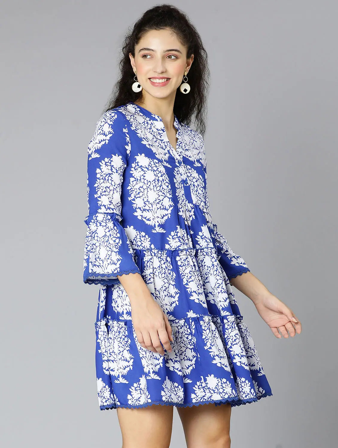 Vibrant Femme Fashion Rich Blue Tropical Print Women Dress