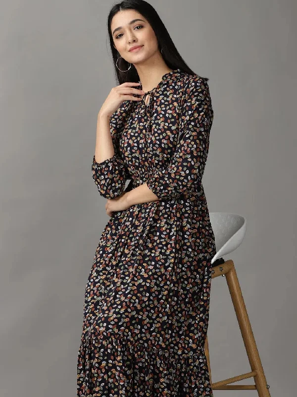 Luxury Fashion Women's Navy Blue Tropical Fit and Flare Dress-AE-15768-Navyblue