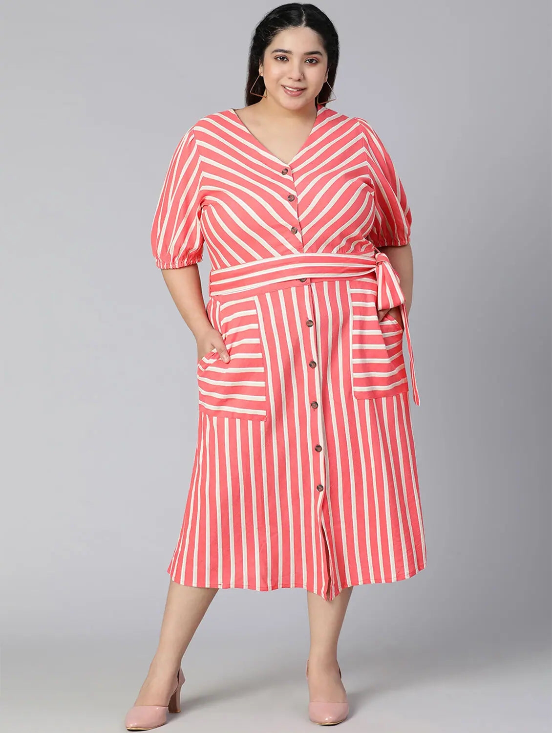 Women's Workout Clothing Umbrage Red Stripes Print Button-Down Plus Size Women Dress