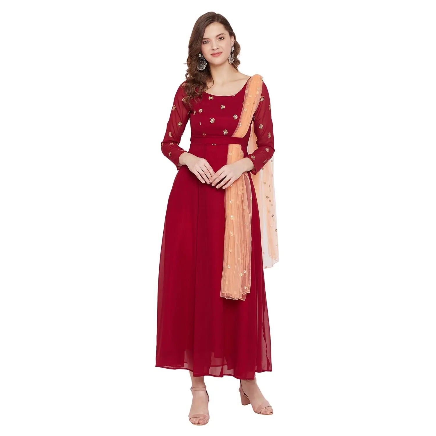Stylish Women's Clothes for Work and Play Adults-Women Maroon Sun Emb. Dress With Attached Dupatta